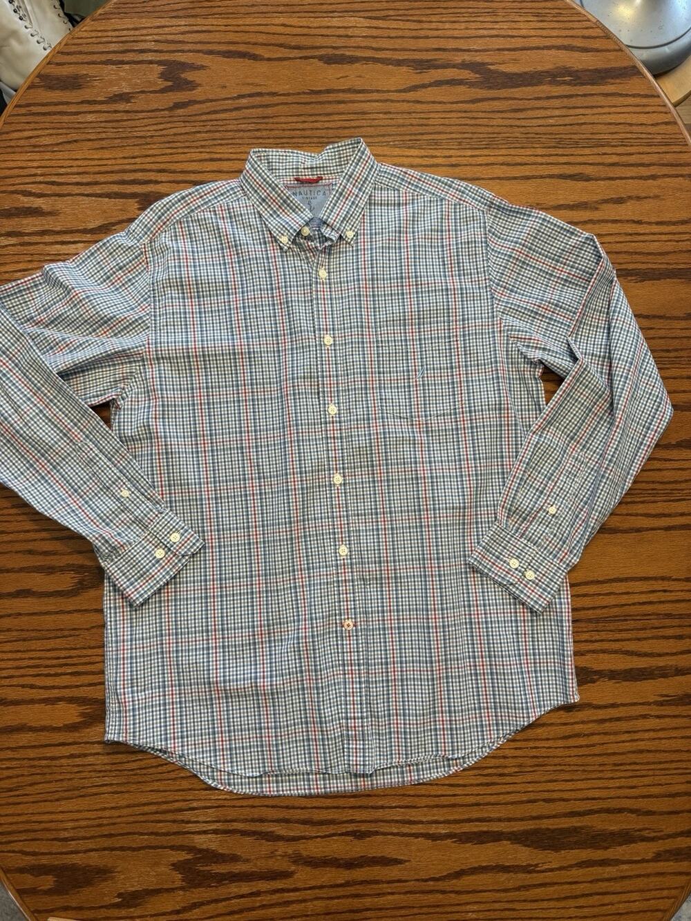 NAUTICA mens VINTAGE long sleeve multicolor plaid button up shirt L